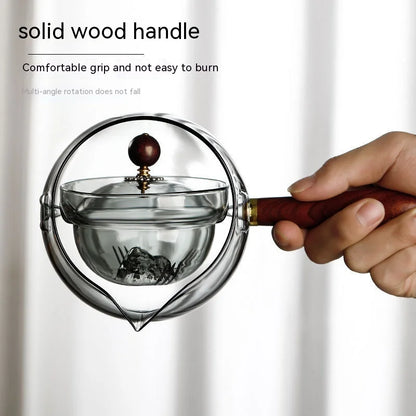 Semi-automatic Rotary Heat Resistant Glass Teapot Tea Making With Infuser And Wooden Handle Office Home Accessories Kitchen